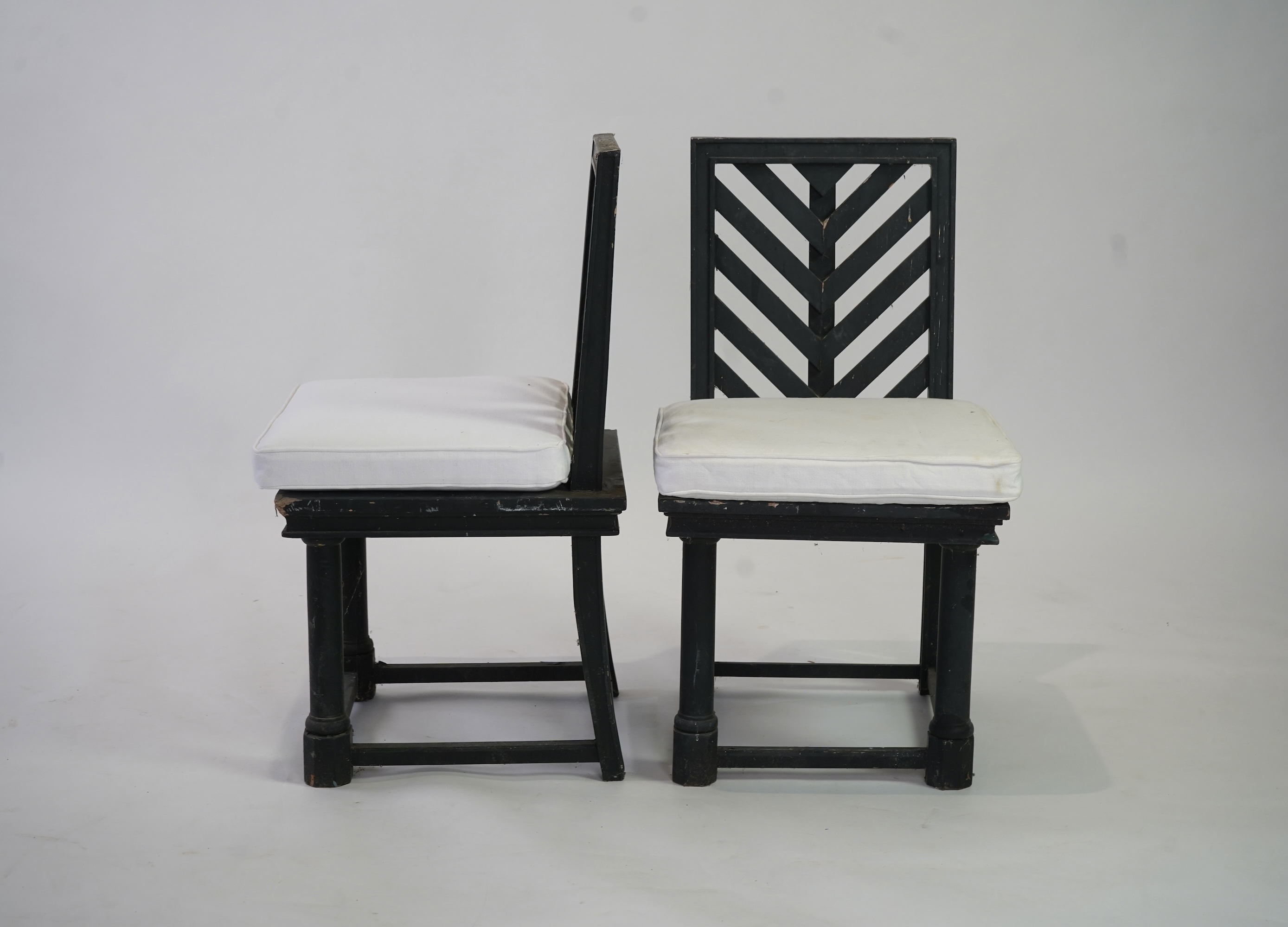 A set of fourteen green painted beech garden chairs, designed by Emilio Terry for the Theatre de Verdue, Chateau De Groussay